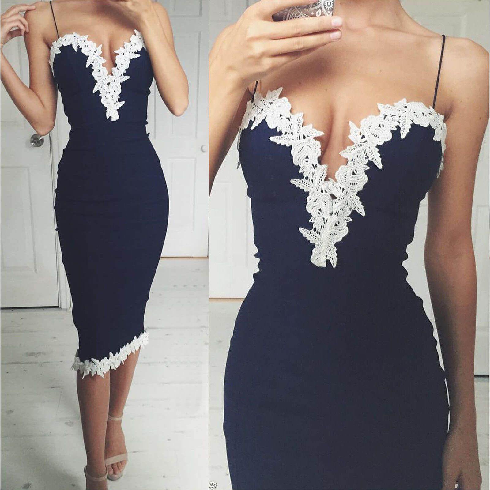Lace Navy Blue Bodycon Dress S
