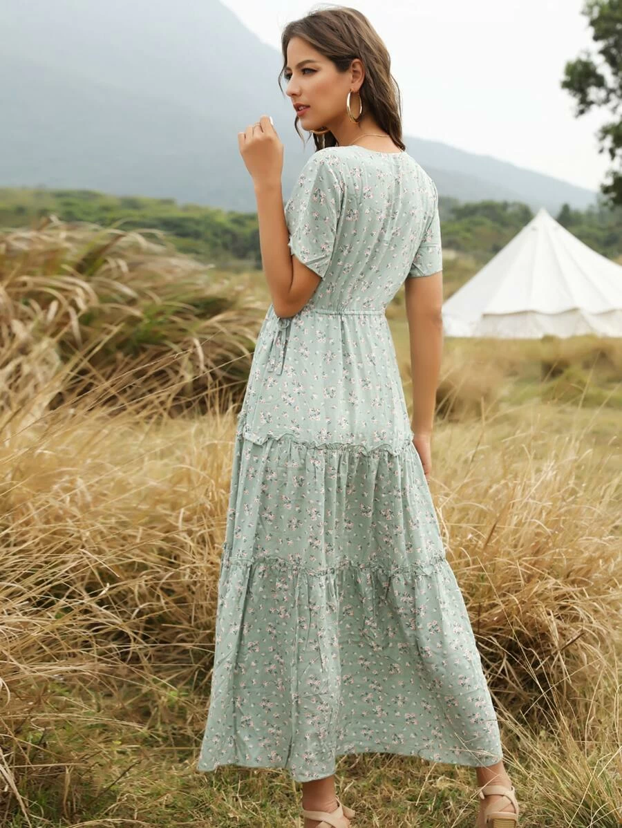 chinese dress ladies Mint Floral Maxi Dress with 3/4 Sleeves main image 0